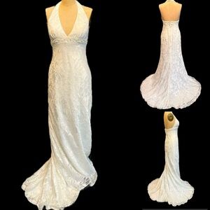 Wedding gown halter bodice floral embellished beaded train David’s Bridal Galena